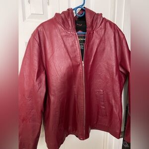 Genuine leather hooded jacket